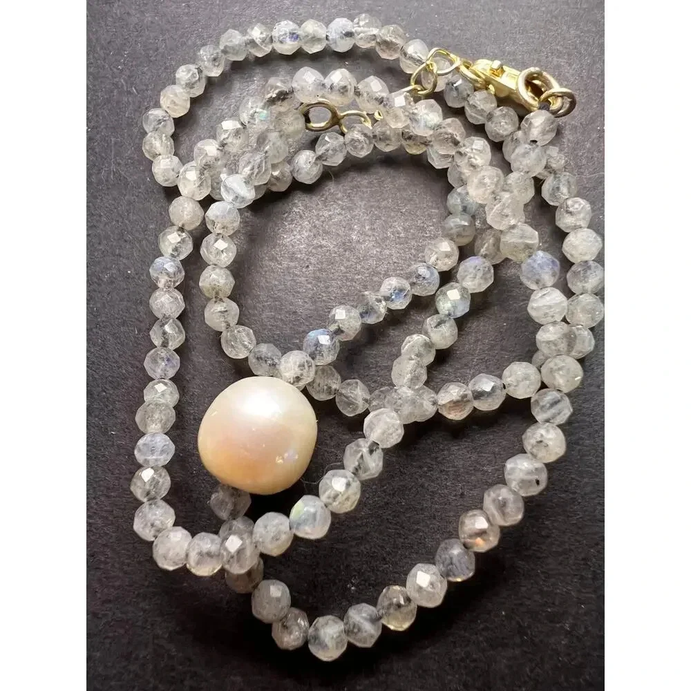 Labradorite and cultured pearl necklace with sterling silver lobster claw clasp